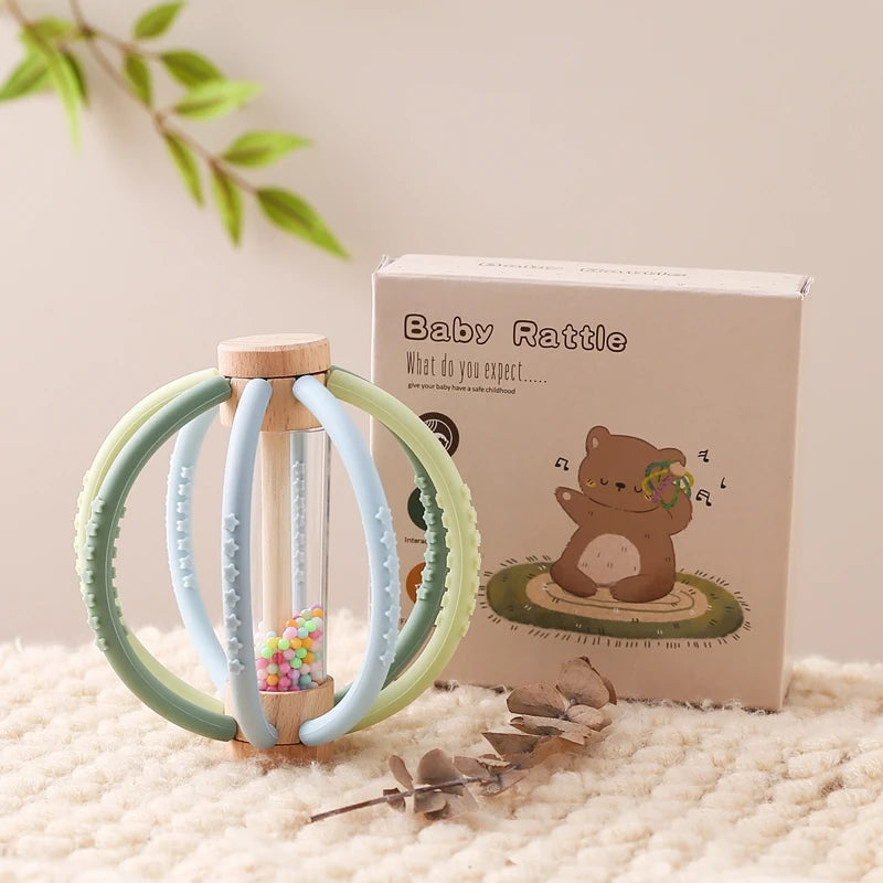 Wood & Silicone Rattle – Natural Stimulation for Curious Little Hands and Teething Relief - Montessori Grow