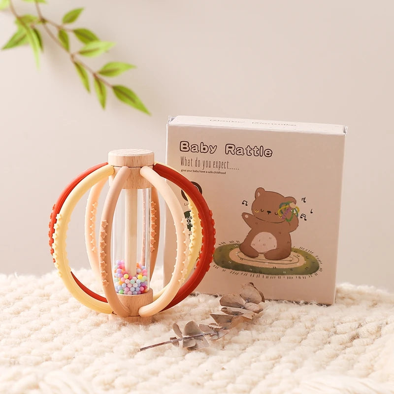 Wood & Silicone Rattle – Natural Stimulation for Curious Little Hands and Teething Relief - Montessori Grow