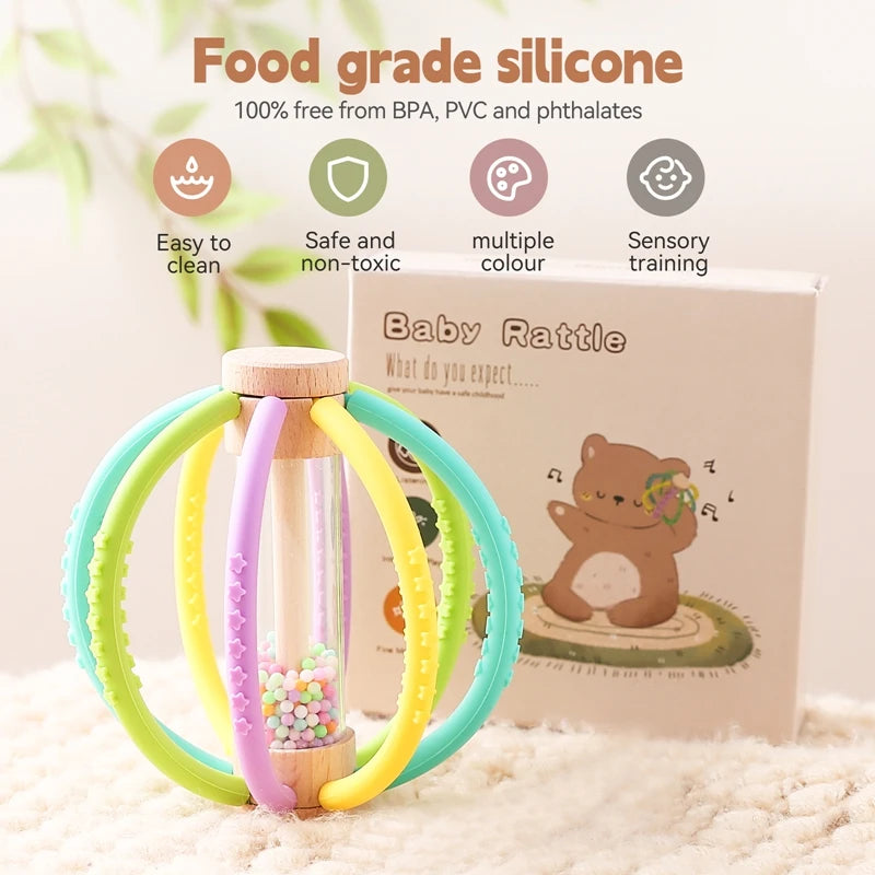 Wood & Silicone Rattle – Natural Stimulation for Curious Little Hands and Teething Relief - Montessori Grow