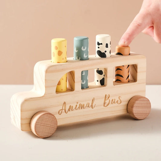 Autocarro Pop-Up de Madeira – Brinquedo Sensorial para Bebés